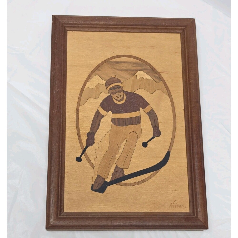 Vintage Marquetry Wood Inlay Snow Skier 6.75 X 9.75 Hudson River Signed NELSON
